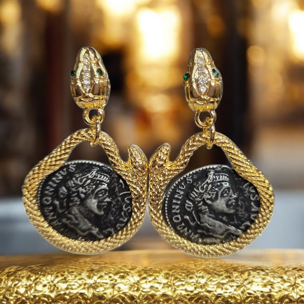 Coiled Snake Crystal Ancient Coin Earrings